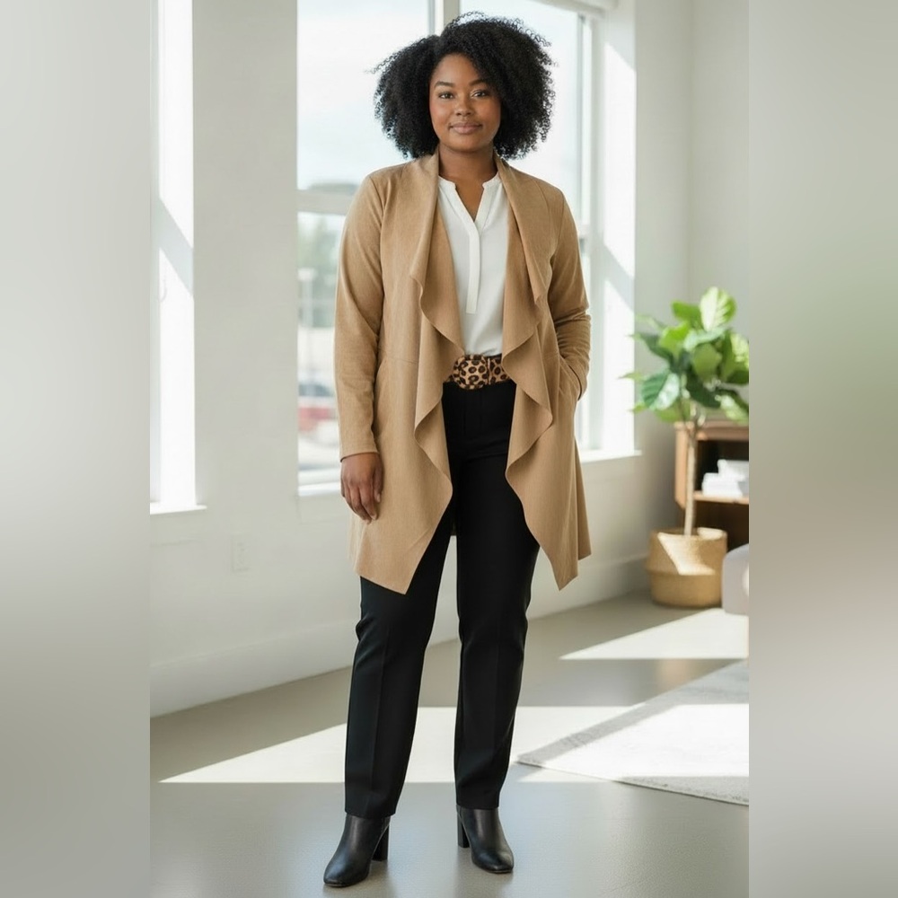 Faux Suede Waterfall Jacket Size XL Business Casual Relaxed Fit Slimming
